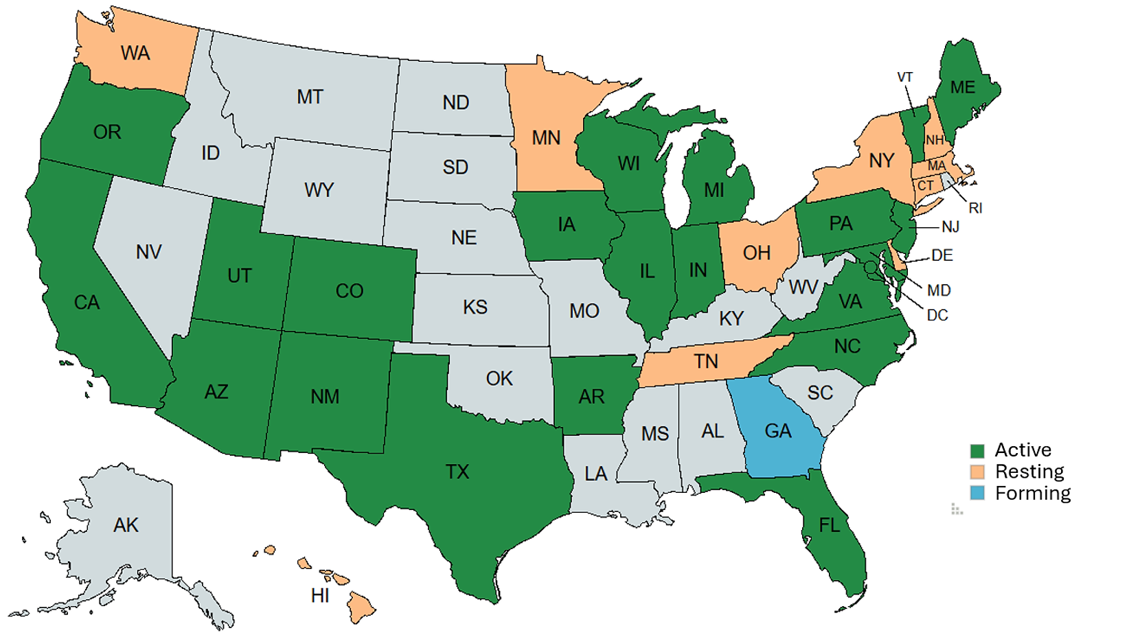 Map of the United States showing which states have active, resting or forming battalions